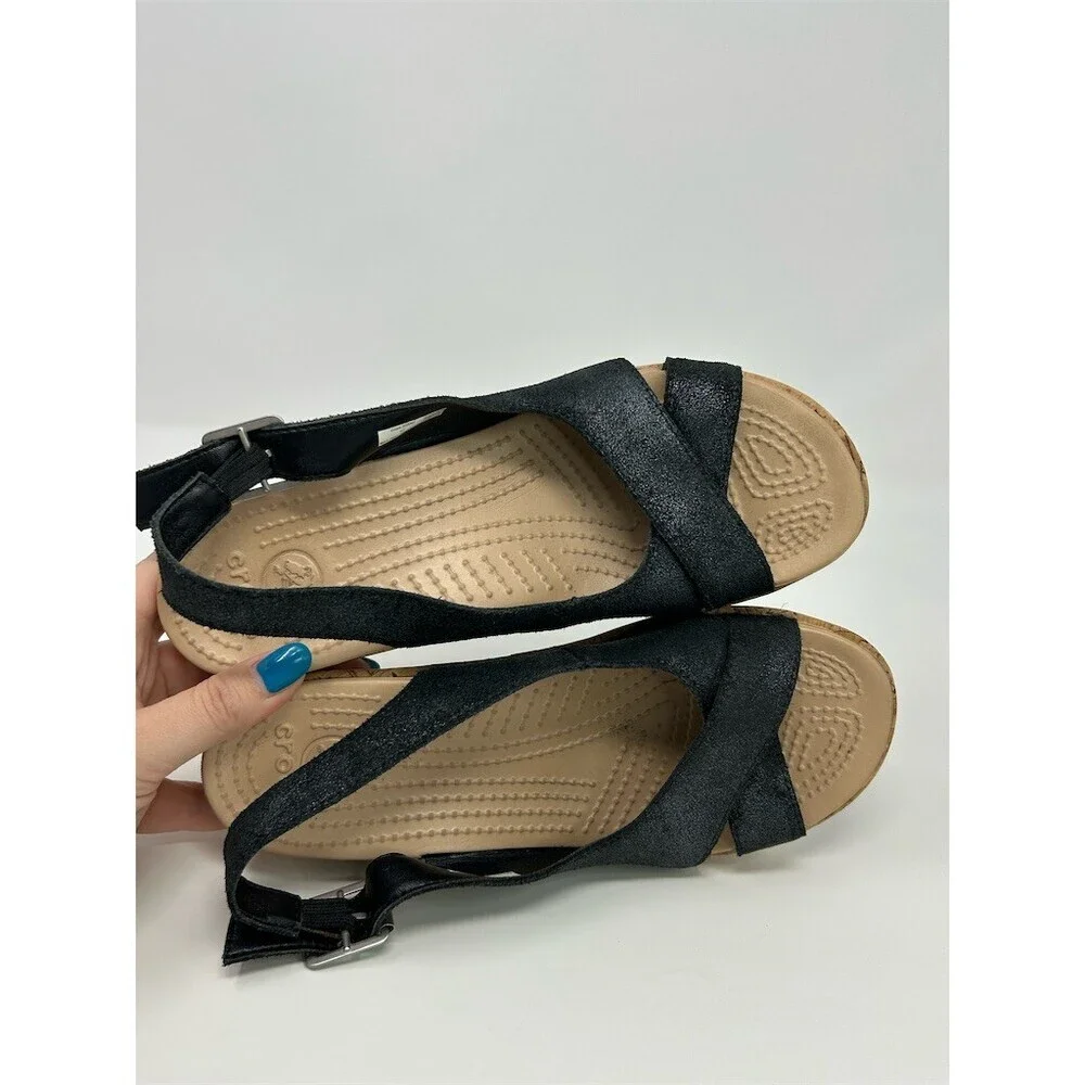 Crocs A-Leigh Womens Black Slingback Wedge Sandals Peep Toe Crisscross Size 7
